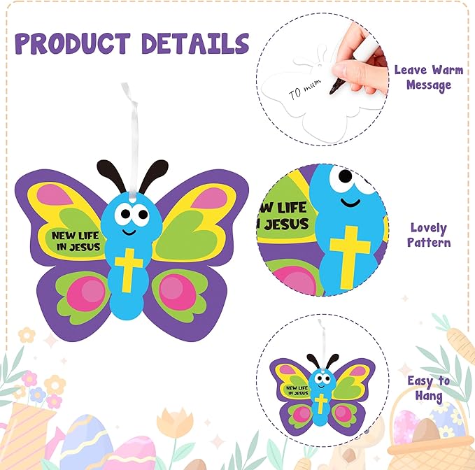 WATINC 74pcs Religious Easter Butterfly Craft Kit for kids, New Life in Jesus Craft Decoration, Resurrection Spring Butterflies DIY Sticker Hanging Ornaments with String for Home School Party Supplies
