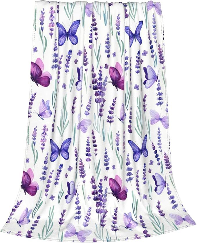Purple Lavender Floral Flowers Butterfly Throw Blanket Gifts for Girls Boys Men Women Ultra Soft Warm All Season Decorative Fleece Blankets for Bed Chair Car Sofa Couch Bedroom 50"X60"