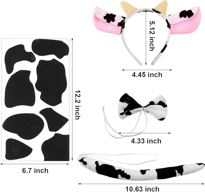 WILLBOND 5 Sheets Cow Felt Pads Adhesive Felt Circles with 1 Set Halloween Cow Ear Headband, Bow Tie and Cow Tail for Halloween DIY Costume, Over 6 Years