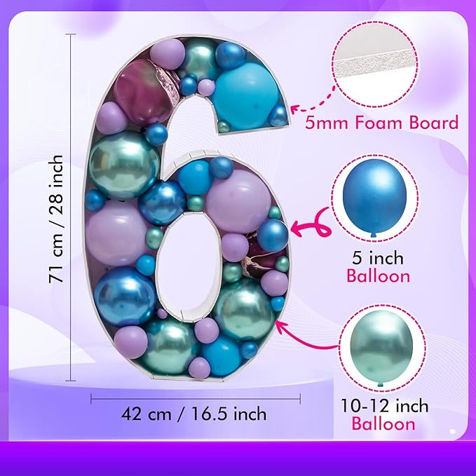 Mosaic Balloon Frame Light Up Numbers 6 Pre-Cut Tall Large Foam Board Sign Cut-out for Boy Girl Birthday Backdrop Anniversary Decoration