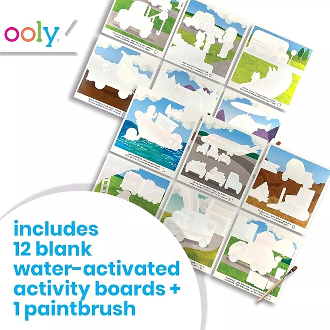 Ooly Water Amaze - Includes 12 Reveal Boards & Brush, Reusable Reveal Pads for Kids, Coloring Books for Toddlers, Paint with Water Books Ages 2+, Helpful Vehicles