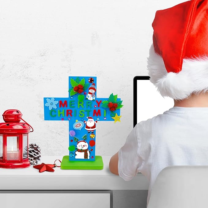Winlyn 18 Sets Christmas Craft Kits DIY Christmas Stand-up Cross Decorations Art Sets Snowman Snowflake Christmas Foam Stickers Arts and Crafts for Kids Party Classroom Sunday School VBS Activities