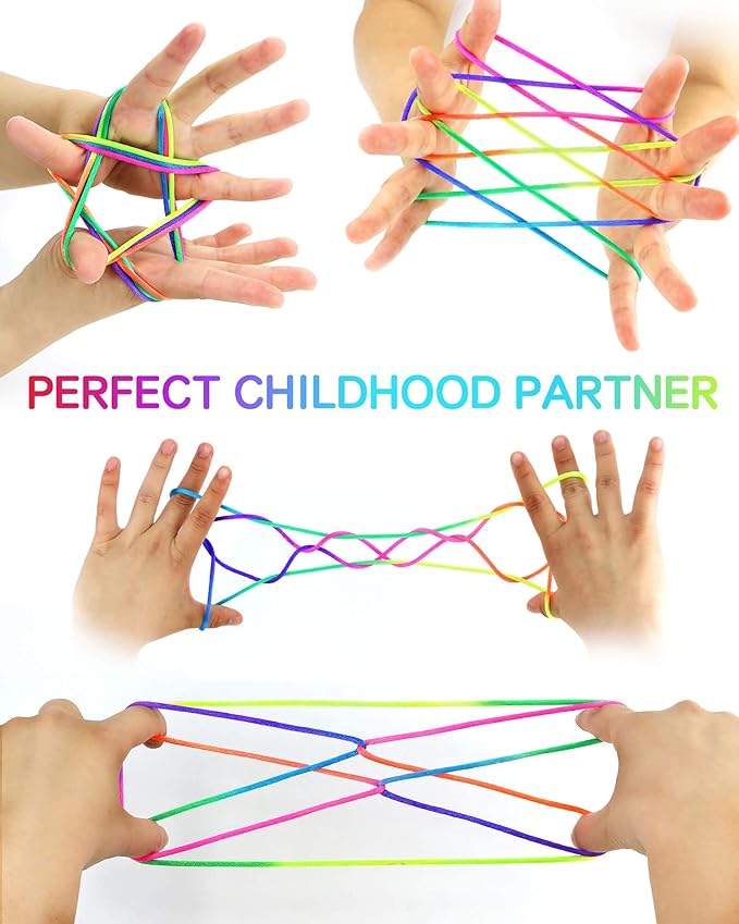 SONGTIY 6PCS Cats Cradle String, 65 Inch Long Rainbow Colourful Finger Rope, Chinese Finger String Games Toy for Kids, Adults, Children's Day, with A Sand Painting