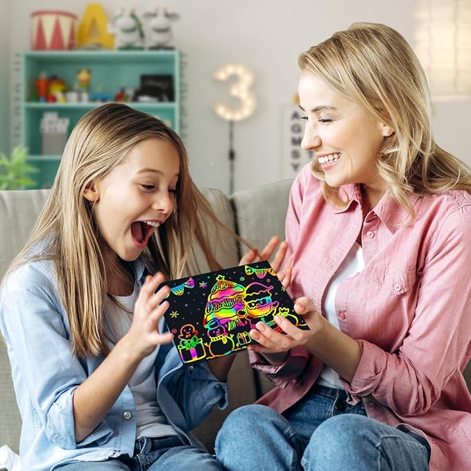 Scratch Valentines Day Gifts for Kids: 56 Pcs Magic Scratch Off Paper Children Art Crafts Set Kit Supplies Toys Black Scratch Sheets Notes Cards for Easter Basket Stuffers Boys Girls Birthday