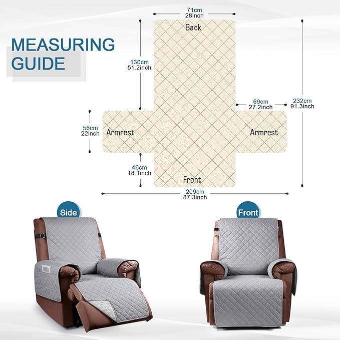 KinCam 100% Waterproof Recliner Chair Cover, Reclining Couch Covers for Pets, Dogs, Recliner Couch Slipcover Furniture Protector with Elastic Straps for Kids(28", Light Gray)