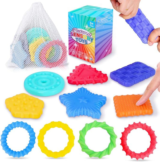 Squishy Sensory Toys for Kids, 10 Pcs Soft & Textured Sensory Fidget Toy with Storage Bag for Autistic Children, Sensory Stretchy Toys, Calm Down Toy for Toddler Girls Boys