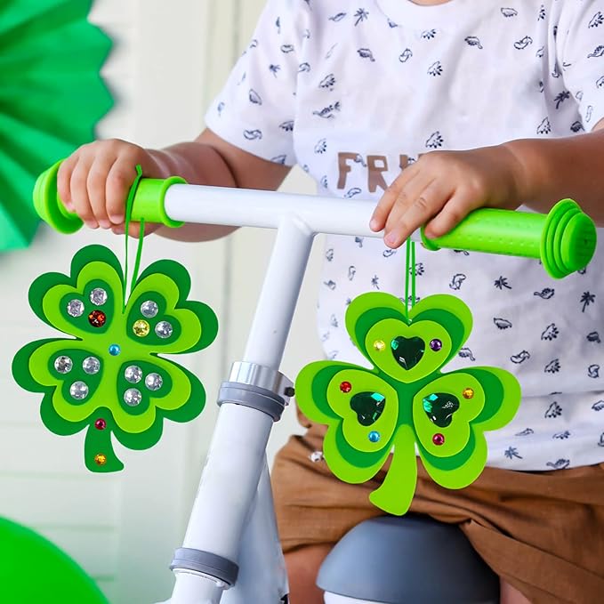 Winlyn 24 Sets St. Patrick's Day Shamrock Ornaments Decorations DIY St. Pat's Craft Kits Assorted Foam Lucky Shamrock Four-Leaf Clover Stickers for Kids Classroom Activities Party Favors Art Project