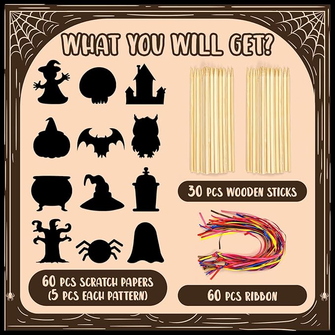 Leesgel Halloween Scratch Art Paper for Kids, 60Pcs Magic DIY Crafts Kit Halloween Party Decorations Supplies, Pumpkin Skull Bat Scratch Crafts Birthdays Party Favor Educational Toys