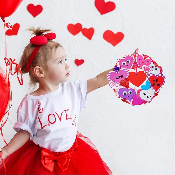 Winlyn 12 Sets Heart Wreath Ornaments Decorations Valentine Crafts Kits for Kids Classroom DIY Valentine's Day Heart Wreath Assorted Heart Cutouts Foam Stickers Googly Eyes Valentine Gift Exchange