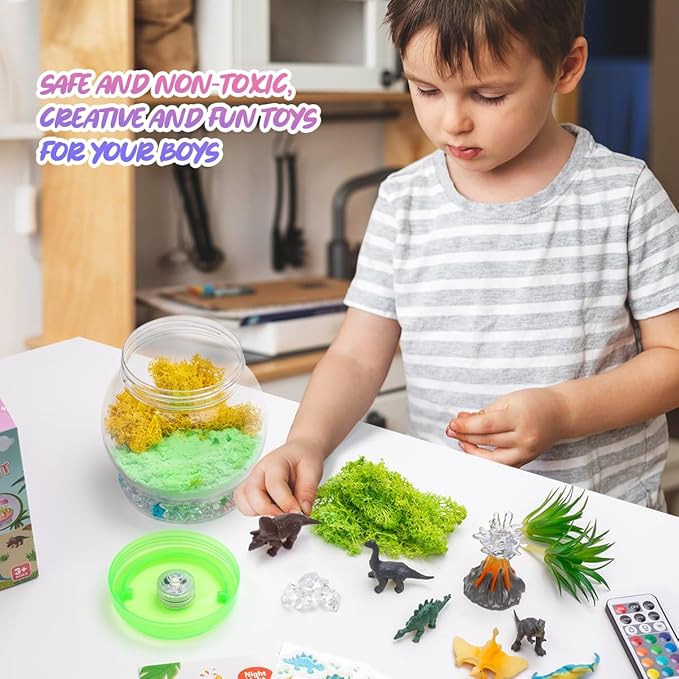 Light Up Dinosaur Terrarium Kit for Kids, Dinosaur Birthday Gift for Boys Ages 5 6 7 8-12 Year Old, DIY Unicorn Arts & Crafts Toys for Boys (Dinosaur)