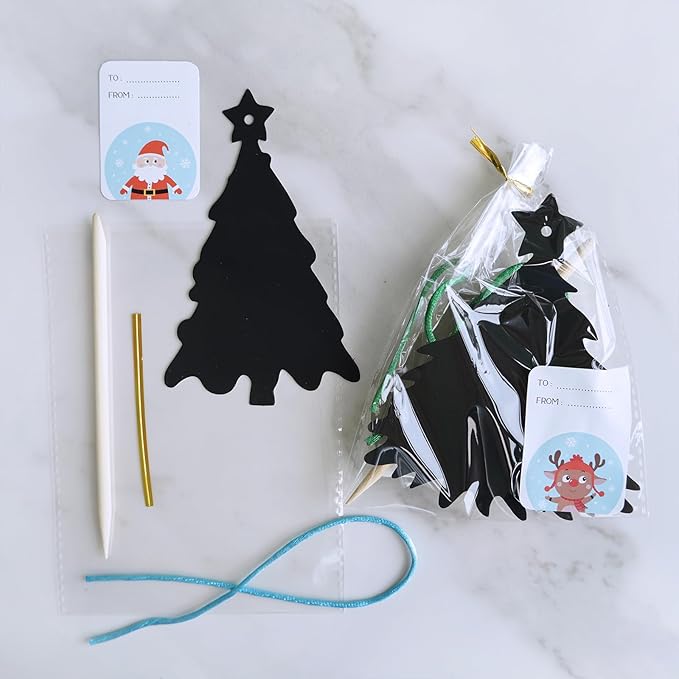 Winlyn 54 Sets 9 Styles Magic Color Scratch Black Christmas Tree Ornaments Christmas Tree Rainbow Scratch Art Decorations Christmas Craft Kit for Kids Classroom Activities Holiday Season Party Favors