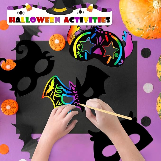 PARTYWIND 32 PCS Halloween Scratch Masks, Magic Halloween Scratch Art Crafts for Kids Party Decorations, DIY Scratch Off Masks for Kids Halloween Activities Party Supplies with Pumpkin Zombie Bat