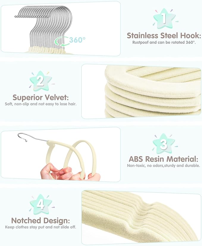 Baby Hangers, VIS'V 11 Inch Beige Velvet Kids Hangers with 6 Pcs Size Dividers Non Slip Nursery Children Closet Clothes Hangers for Infant Toddler Girls and Boys 50 Pcs