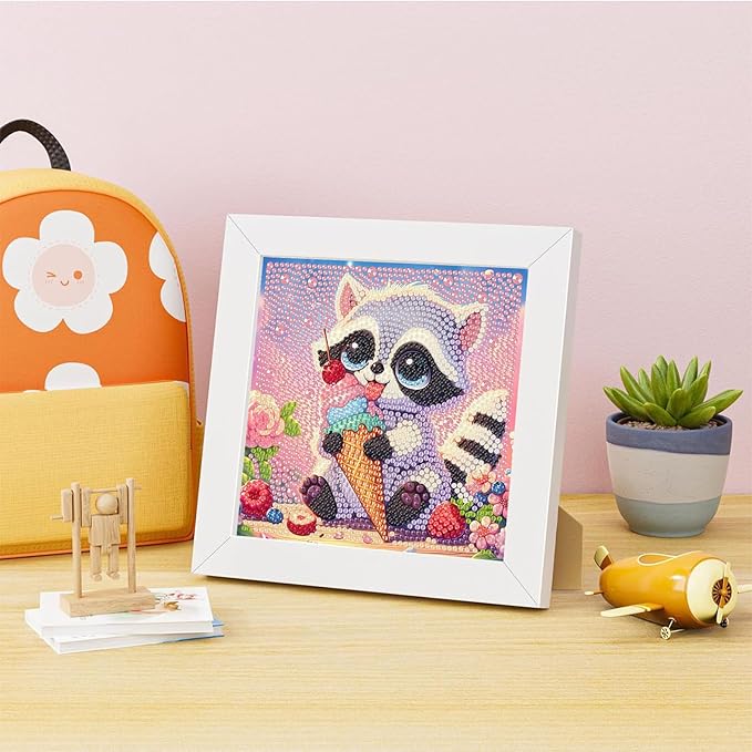 Raccoon Diamond Art Painting Kits with Frame- Animals Diamond Painting Kit with Frame, Cute DIY Diamond Art Kits as Wall Decoration 7X7 Inch
