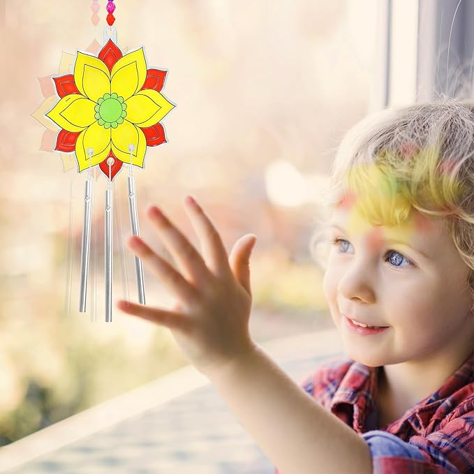 Winlyn 24 Sets Lotus Flower Suncatcher Wind Chimes Decorations DIY Window Paint Art Stickers Craft Kits Flower Sun Catchers for Kids Classroom Birthday Spring Summer Party Activities Art Project