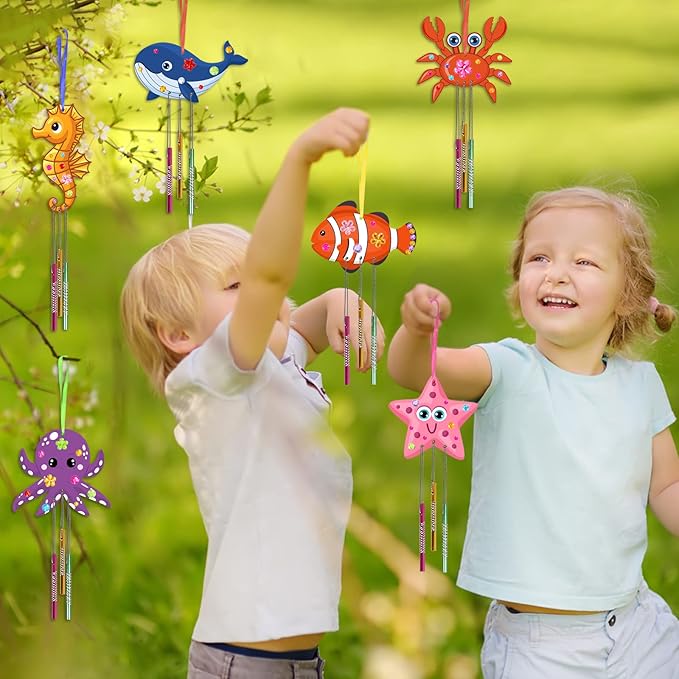 Fennoral 9 Pack Wind Chime Kit for Kids Make Your Own Ocean Animals Wind Chime Wooden Arts and Crafts for Girls Boys Ornaments DIY Coloring Sea Animals Craft for Art Activity Summer Party Decoration