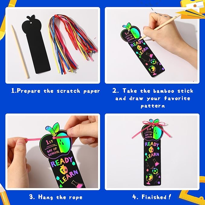 JUNEBRUSHS 30Pcs Welcome Back to School Scratch Bookmarks, Rainbow Magic Scratch Paper Art Back to School DIY Craft Kit First Day of School Gifts for Students Classroom Activity Party Favors