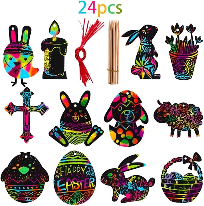 XJF Easter Scratch Art for Kids,24pcs Easter Eggs Bunny Chick Ornament,Magic Scratch Paper Art for Easter Decoration,Party Supplies,Classroom Activity Black