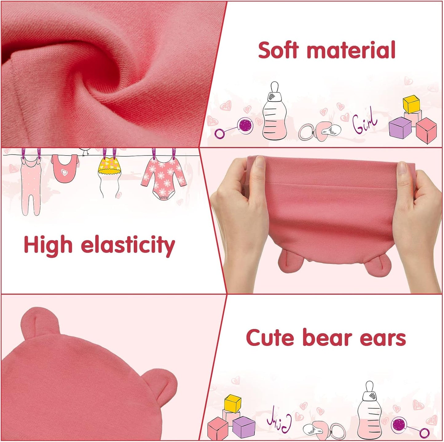 Geyoga 6 Pieces Newborn Baby Hat Bear Ears Infant Caps Baby Boy Girl Toddler Hats Infant Beanie Caps for 0-3 Months