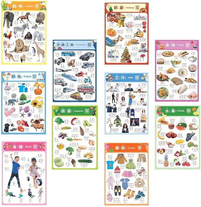 N/A/ Chinese Learning 10-Poster Set for Kids. Montessori-Inspired. Bilingual with Traditional Chinese, English, and Zhuyin.