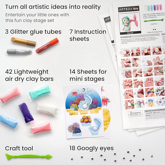 Arteza Kids Air Dry Clay, 42 Bars, Magical Creature Modeling Clay Kit, 14 Mini-Stages, Craft Supplies for Learning Centers and Educational Playtime, Birthday Gifts