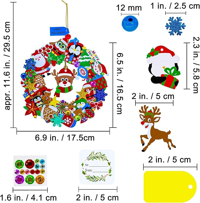 Winlyn 12 Sets Christmas Craft Kits Holiday Crafts DIY Christmas Wreath Ornaments Decorations Art Sets Xmas Snowmen Snowflake Festive Winter Foam Stickers Arts and Crafts for Kids Classroom Activities