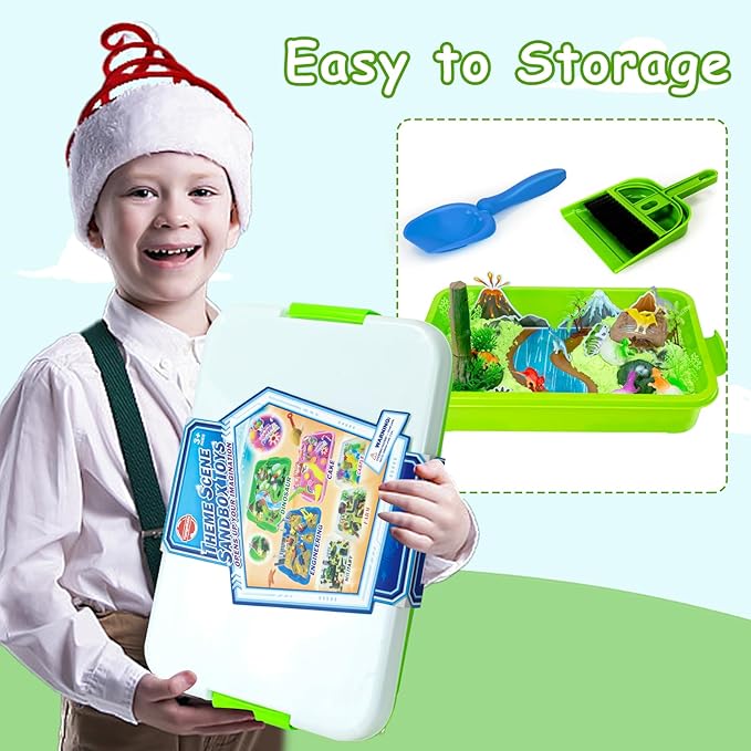 Dinosaur Sensory Bin Toys, 49 Pcs Dinosaur Sandbox Sand Kit with 2.2lb Magic Sand & Dinsoaur Figures,Sandbox with lid, Play Sand Kit, Kid Sensory Bins Birthday Gift for 3 4 5 6 7 8 Years Old