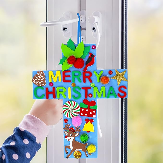 Winlyn 24 Sets Christmas Craft Kits DIY Christmas Cross Ornaments Decorations Art Sets Snowman Snowflake Christmas Foam Stickers Arts and Crafts for Kids Party Classroom Sunday School VBS Activities