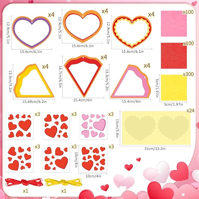 Tinlade 24 Pcs Valentine‘s Day Craft Kit Pizza Heart Shaped Suncatcher Craft Window DIY Tissue Paper Decoration Ornament for Classroom Valentines Party Favor Supplies
