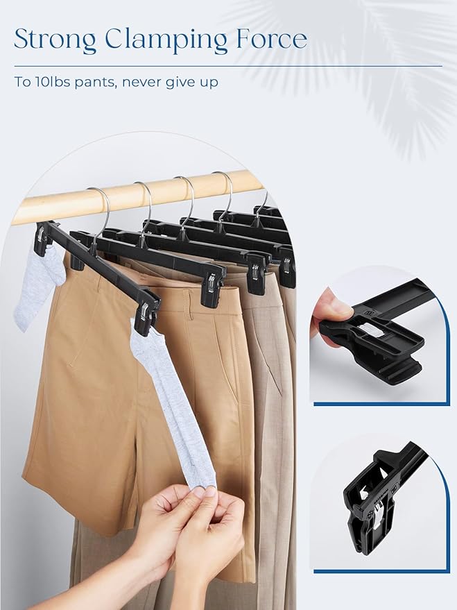 Smartor Space Saving Heavy Duty Hangers - 180 Pack, Slim Plastic Pants and Shorts Hangers, Ridged Non-Slip with Pinch Clips, 360-Rotating Chrome Swivel Hook, Black, 10 Inches