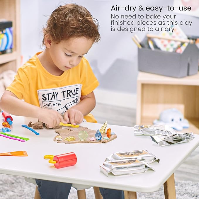 Arteza Kids Air Dry Modeling Clay Kit, 4 x 8-oz Packs Sensory Play Sand, 8 Sandy Clay Tools, 15 Decoration Shells, Art and Craft Supplies for Kids, Sand Castle Building, Birthday Gifts