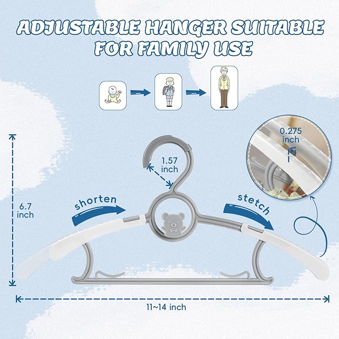 Kids Hangers 40 Pack Baby Hangers- Extendable & Adjustable Non-Slip Stackable Plastic Baby Clothes Hangers,11-14 Inch Kid Hangers for Baby Toddler Kids Children,Toddler Hangers for Cloest Grey