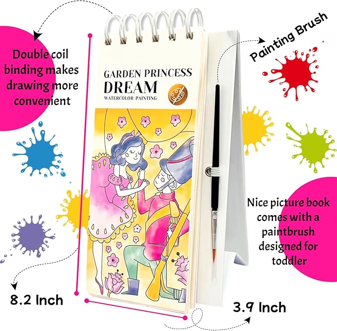 Riomhorry Water Coloring Books for Toddlers, Water Painting Easel Books with Brush for Kids Ages 2-4, 4-8, Watercolor Book to Toddler Painting Activities, Garden Princess
