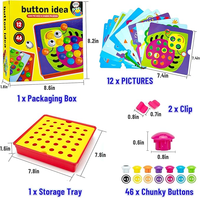 Button Art Toys for Toddlers, Crafts for Age 3-5, Early Educational Toys, Color Matching Puzzle, Fine Motor Skills Game, Preschool Learning Toys for Boys & Girls 3+