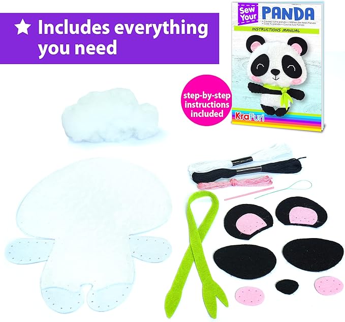 KRAFUN Panda Animal Sewing Kit for Kids Beginner My First Art & Craft, Includes Panda Doll Stuffed Animal, Instructions & Plush Felt Materials for Embroidery, Age 7 8 9 10 11 12