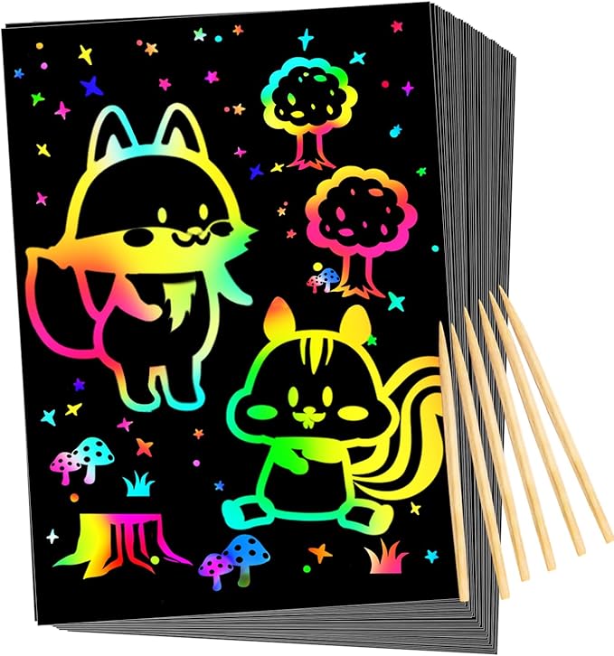 Scratch Valentines Day Gifts for Kids: 56 Pcs Magic Scratch Off Paper Children Art Crafts Set Kit Supplies Toys Black Scratch Sheets Notes Cards for Easter Basket Stuffers Boys Girls Birthday