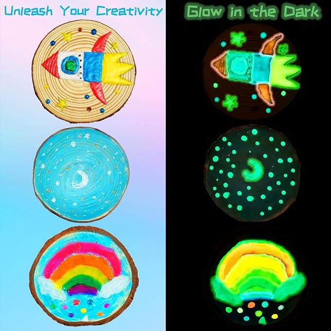 KIRKOTOY Wooden Crafts Kit for Kids-Glow in The Dark-Arts & Crafts Gifts for Boys Girls Age 6-12, 24 Wood Slices with Painting Craft Activities Kits, Creative Art Toys for 6 7 8 9 10 11 12 Year Old