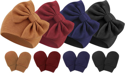 BQUBO Newborn Baby Hats Mittens Set Hospital Hat Beanie Infant Bow Hats Baby Gloves No Scratch Mittens for 0-6 Months
