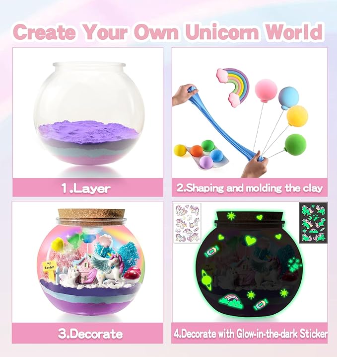Unicorn Light Up Terrarium Kit for Kids - Birthday Gifts for Girls Ages 4 5 6 7 8-12 Year Old - Arts and Crafts for Girls - LED Night Light Bedroom Decor -Christmas Gifts for Girls