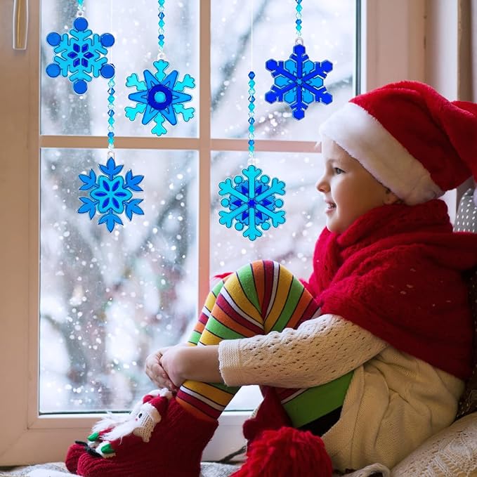 Winlyn 24 Sets Snowflake Suncatchers Ornaments Decorations DIY Window Paint Art Suncatchers Christmas Craft Kits Hanging Snowflake Sun Catchers for Kids Christmas Winter Home Classroom Party Activity