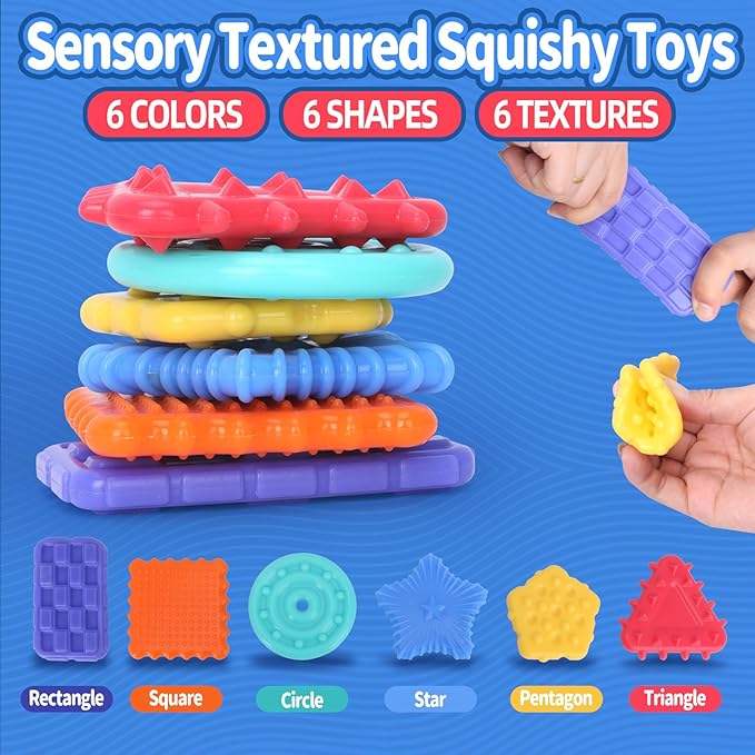 Squishy Sensory Toys for Kids, 10 Pcs Soft & Textured Sensory Fidget Toy with Storage Bag for Autistic Children, Sensory Stretchy Toys, Calm Down Toy for Toddler Girls Boys