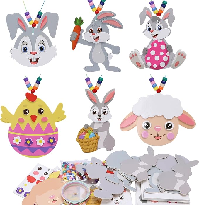 Fennoral 12 Pack Easter Craft Kit for Kids Make You Own Easter Bead Necklace Making Kit for Girls Boy DIY Easter Arts and Crafts for School Classroom Art Activities Easter Gifts