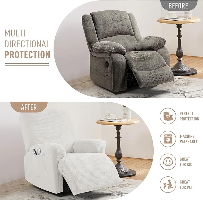 KinCam Recliner Covers, Stretch Reclining Chair Covers, Recliner Sofa Slipcovers Stripe Jacquard Recliner Couch Covers Furniture Protector Covers for Pet Kid (1 Seater, Cream)