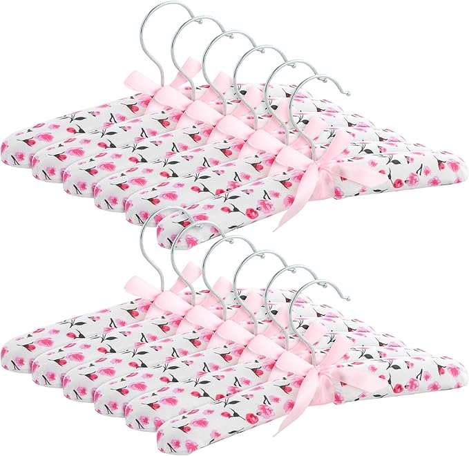 Juvale 12 Pack Satin Padded Baby Hangers for Closet, Nursery, Baby Clothes, Pink Floral Design (9.5 in)