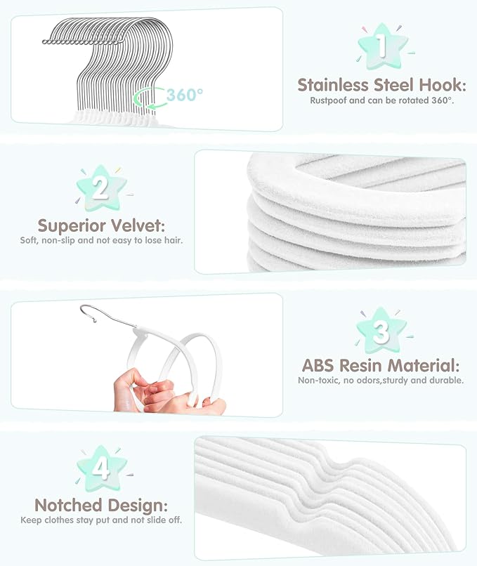 Baby Hangers, VIS'V 11 Inch White Velvet Kids Hangers with 6 Pcs Size Dividers Non Slip Nursery Children Closet Clothes Hangers for Infant Toddler Girls and Boys 50 Pcs
