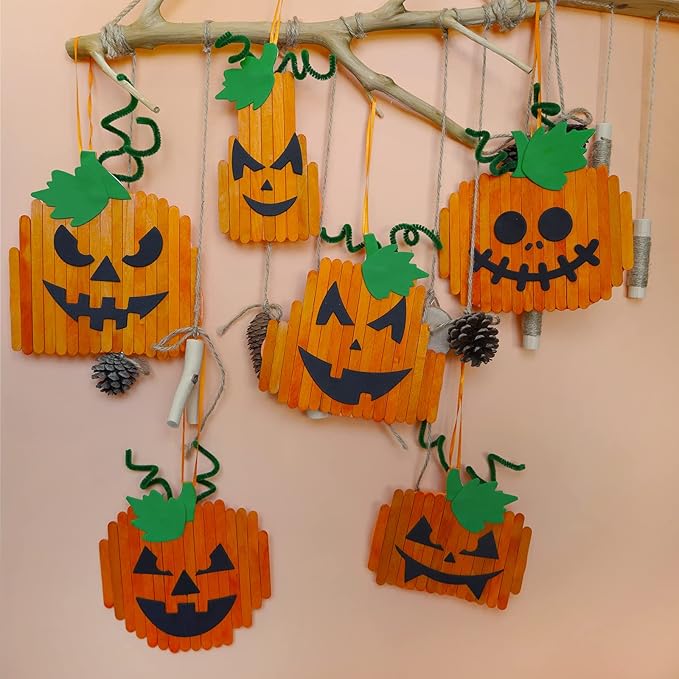 Winlyn 24 Sets Pumpkin Crafts Kits Halloween Crafts Fall Kids Crafts DIY Pumpkin Ornaments Decorations Art Sets Craft Sticks Pumpkin Foam Stickers Arts and Crafts for Kids School Classroom Activity