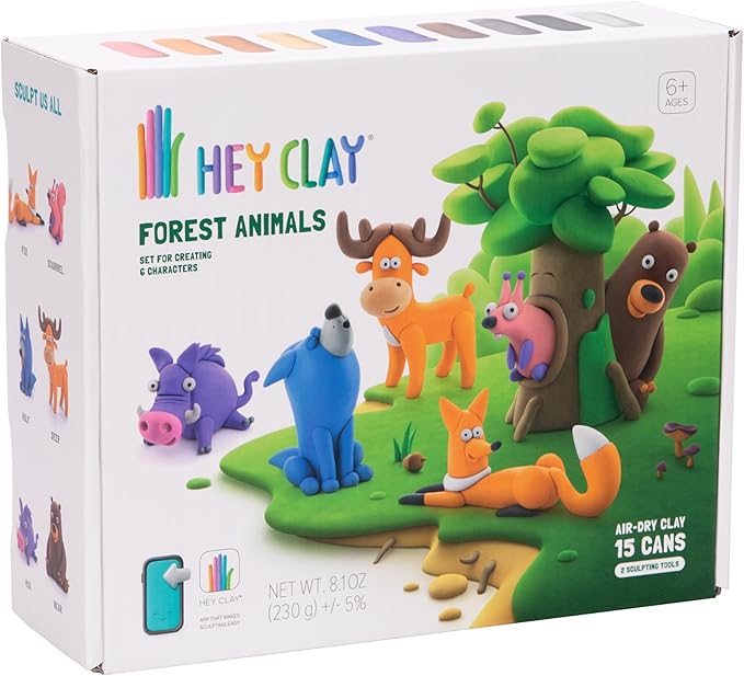 Fat Brain Toys Hey Clay Forest Animals, Air Dry Clay Kit with Interactive App for Kids & Tweens, Modeling Clay and Crafts Set