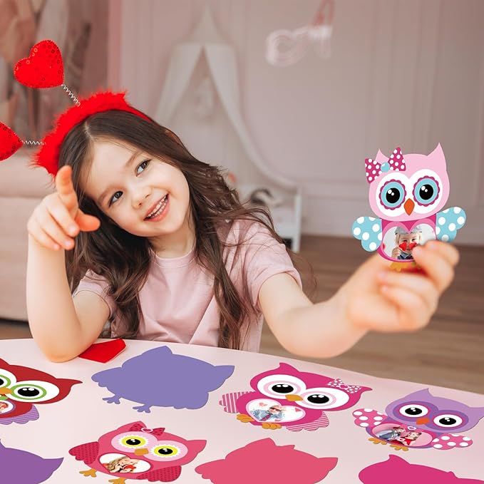 Yousoontic 30 Sets Valentines Picture Frame Craft for Kids DIY Owl Magnetic Picture Frame Make Your Own Paper Valentines Heart Photo Frame for Valentine's Day Home Party Favor Classroom Activities