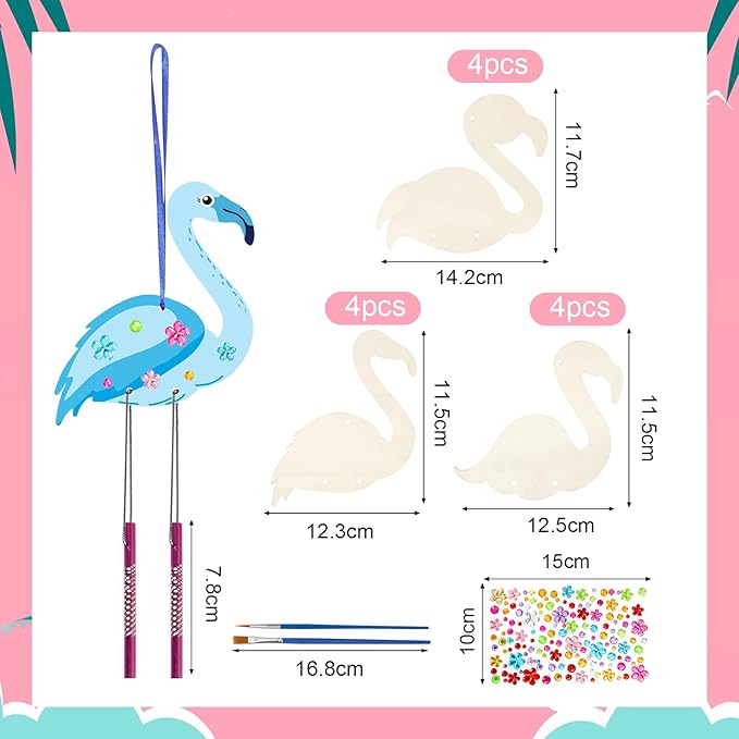 Fennoral 12 Pack Wind Chime Kit for Kids Make Your Own Flamingos Wind Chime Wooden Arts and Crafts for Girls Boys Ornaments DIY Coloring Flamingos Craft for Hawaii Summer Art Activity Birthday Party