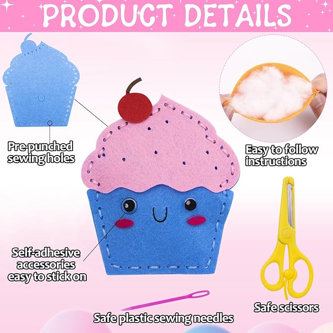 ZOIIWA 16 Sets Food Themed Sewing Kit for Kids Valentine's Day Fun Craft for Boy Girl Felt Plush Craft Kit Sewing Kit Learn to Sew Kit Educational Beginners Sewing Stuffed Ornament for Classroom Gift